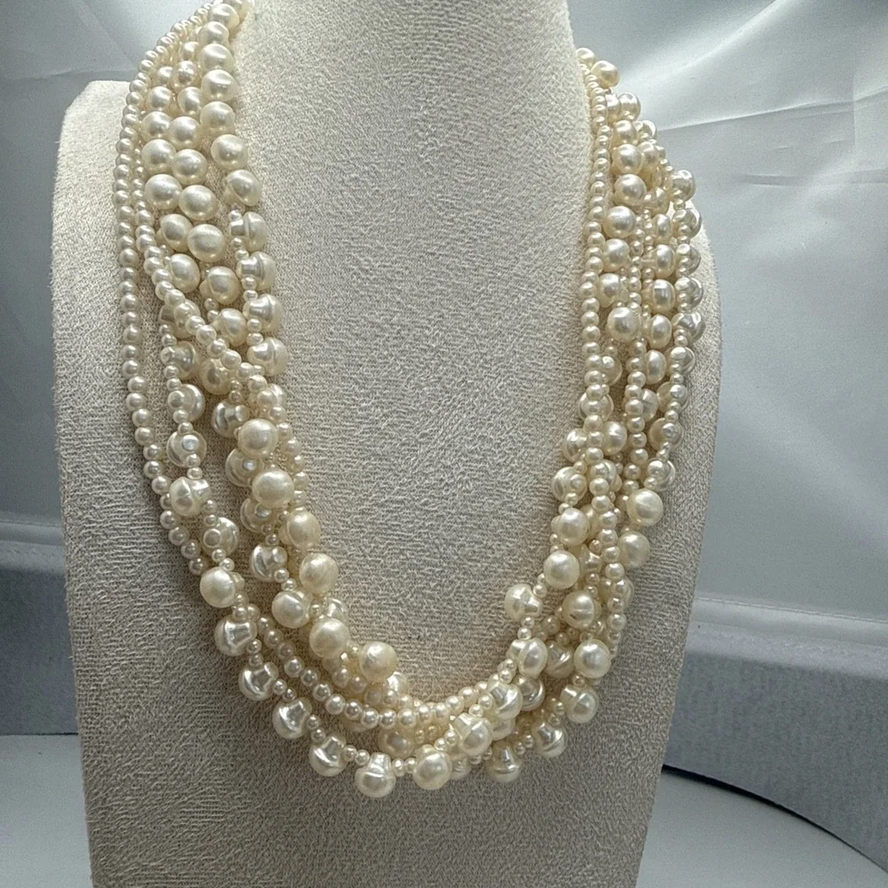 Vintage SHB 6-Strand Multi-Strand Twisted Baroque Faux Pearl Statement Necklace